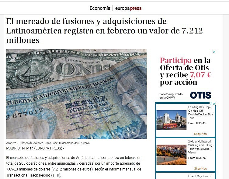 El mercado de fusiones y adquisiciones de Latinoamrica registra en febrero un valor de 7.212 millones